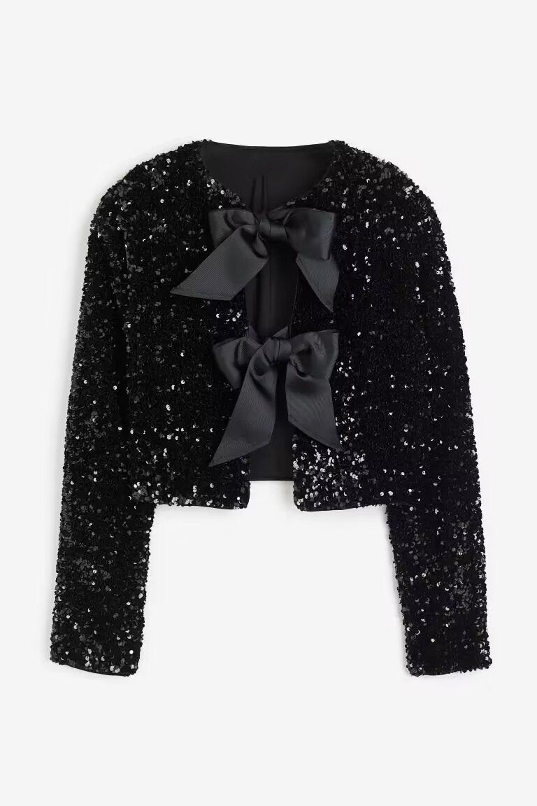 Rose | Cara Bow - tie Sequins Coat - Rose Fashion