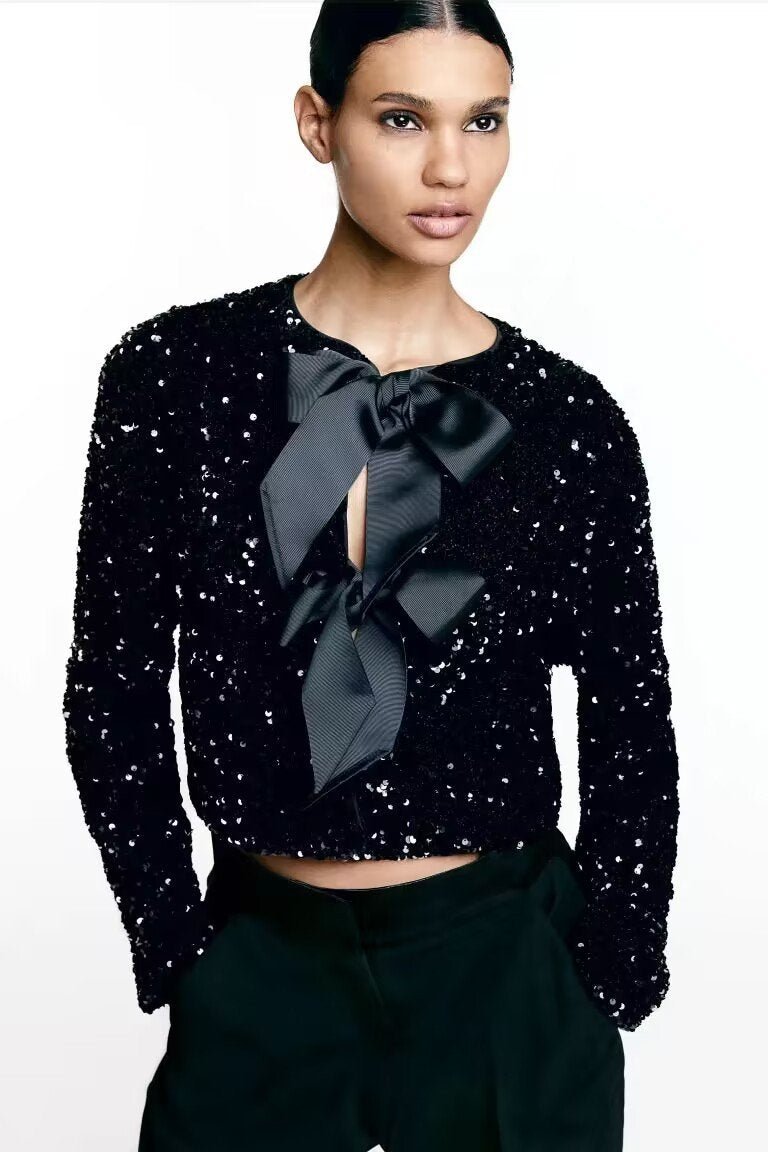 Rose | Cara Bow - tie Sequins Coat - Rose Fashion